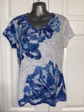 INC Blue Floral V-Neck Short Sleeve Women's Top, Lg